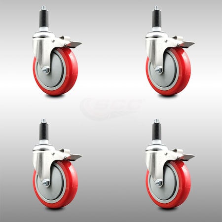 Service Caster 5 Inch 316SS Red Poly Swivel 1-1/8 Inch Expanding Stem Caster Set Lock Brake SCC-SS316TTLEX20S514-PPUB-RED-118-4